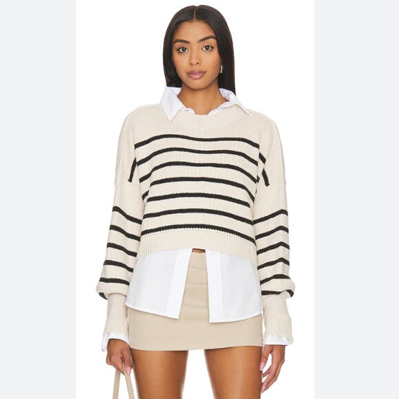 Free People | NWT Stripe Easy Street Crop Sweater Mock Neck Pullover Knit Size L - Picture 2 of 13